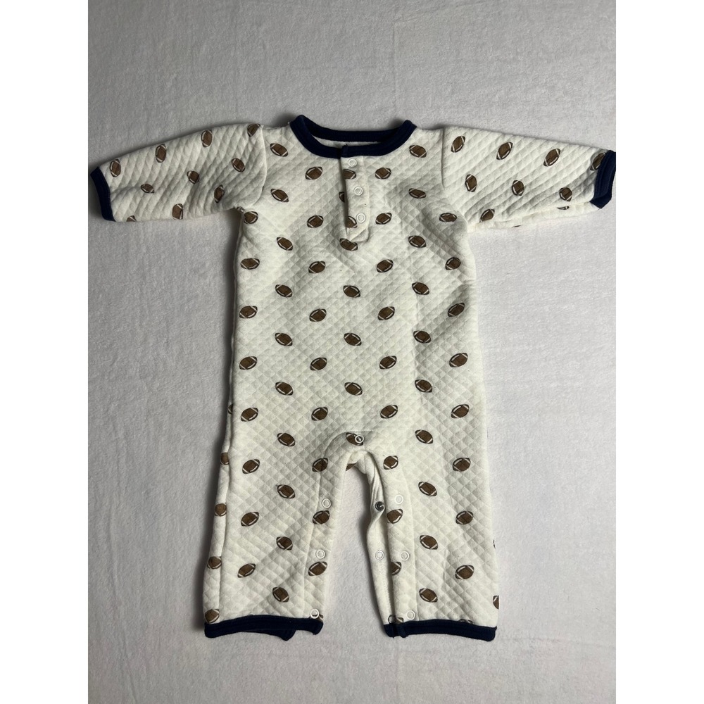 HB Quilted Football Romper Baby 3-6M White Navy Blue Long Sleeve Snap One Piece